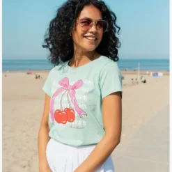 TwoDay Dames T-shirt met kersen mintgroen New