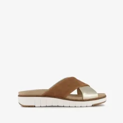 Hush Puppies Leren dames slippers bruin goud Outlet