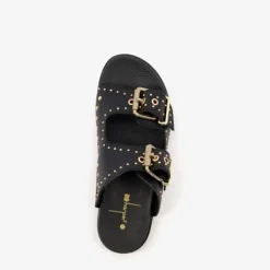 Harper Leren dames slippers met studs zwart goud Discount