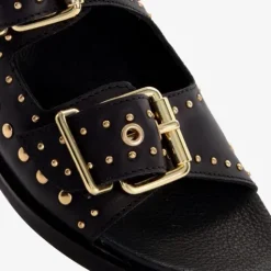 Harper Leren dames slippers met studs zwart goud Discount