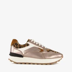 Harper Leren dames sneakers met panterprint goud New