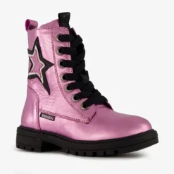 Braqeez Leren meisjes veterboots paars met ster New