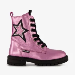 Braqeez Leren meisjes veterboots paars met ster New
