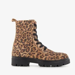 Braqeez Leren meisjes veterboots met panterprint bruin Best