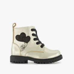 Stap Leren meisjes veterboots met hartjes goud zwart Sale
