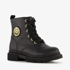 TwoDay Leren meisjes veterboots zwart met smiley Discount