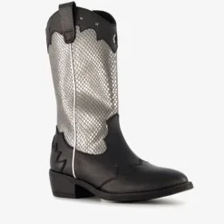 Groot Leren meisjes western laarzen zwart zilver Hot